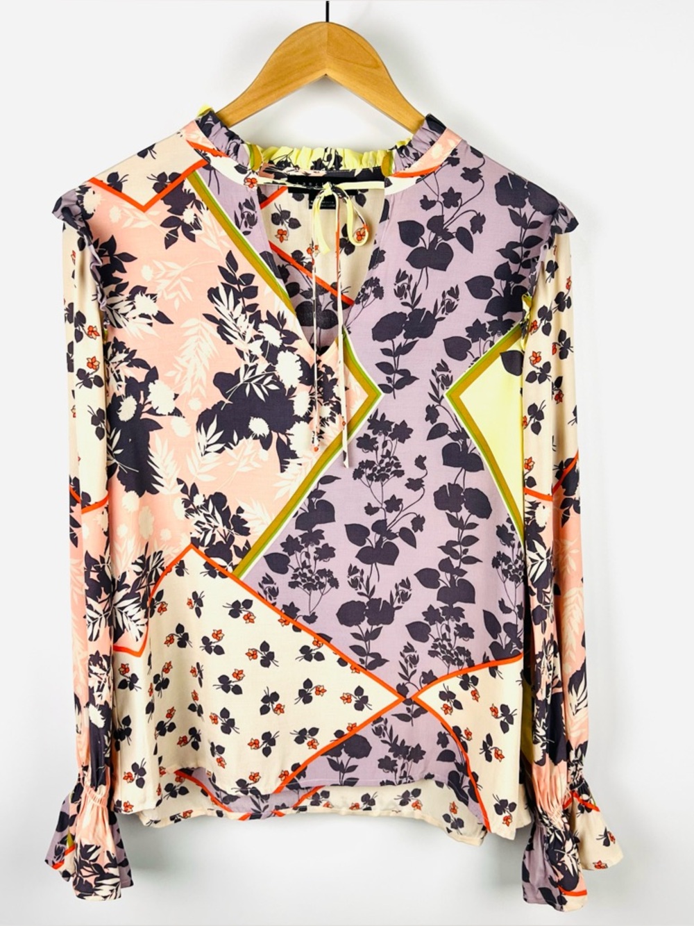Sanctuary Floral Patchwork V-Neck Ruffle Boho Blouse Pink Purple Yellow Size S